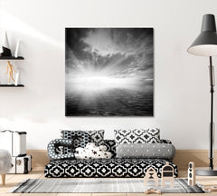 Dramatic Black and White Landscape Cloudy Sky at Sunset Black and White Wall Art Print Artesty 1 Panel 12"x12" 