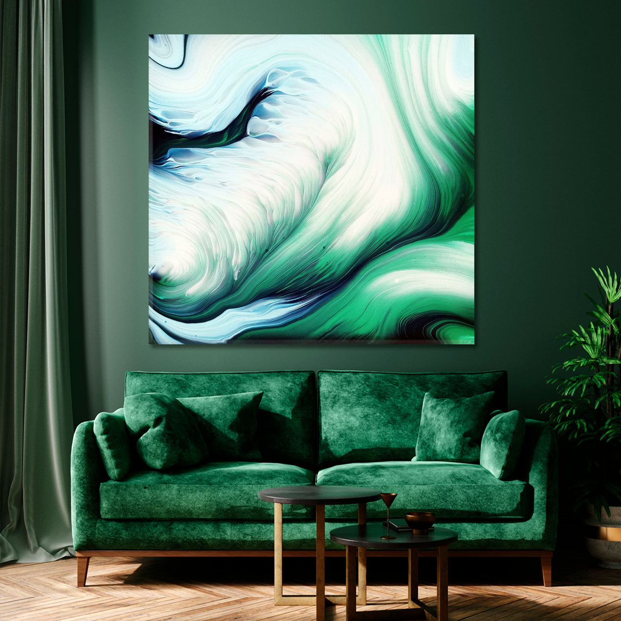 Green Waves Fluid Art Fluid Art, Oriental Marbling Canvas Print Artesty   