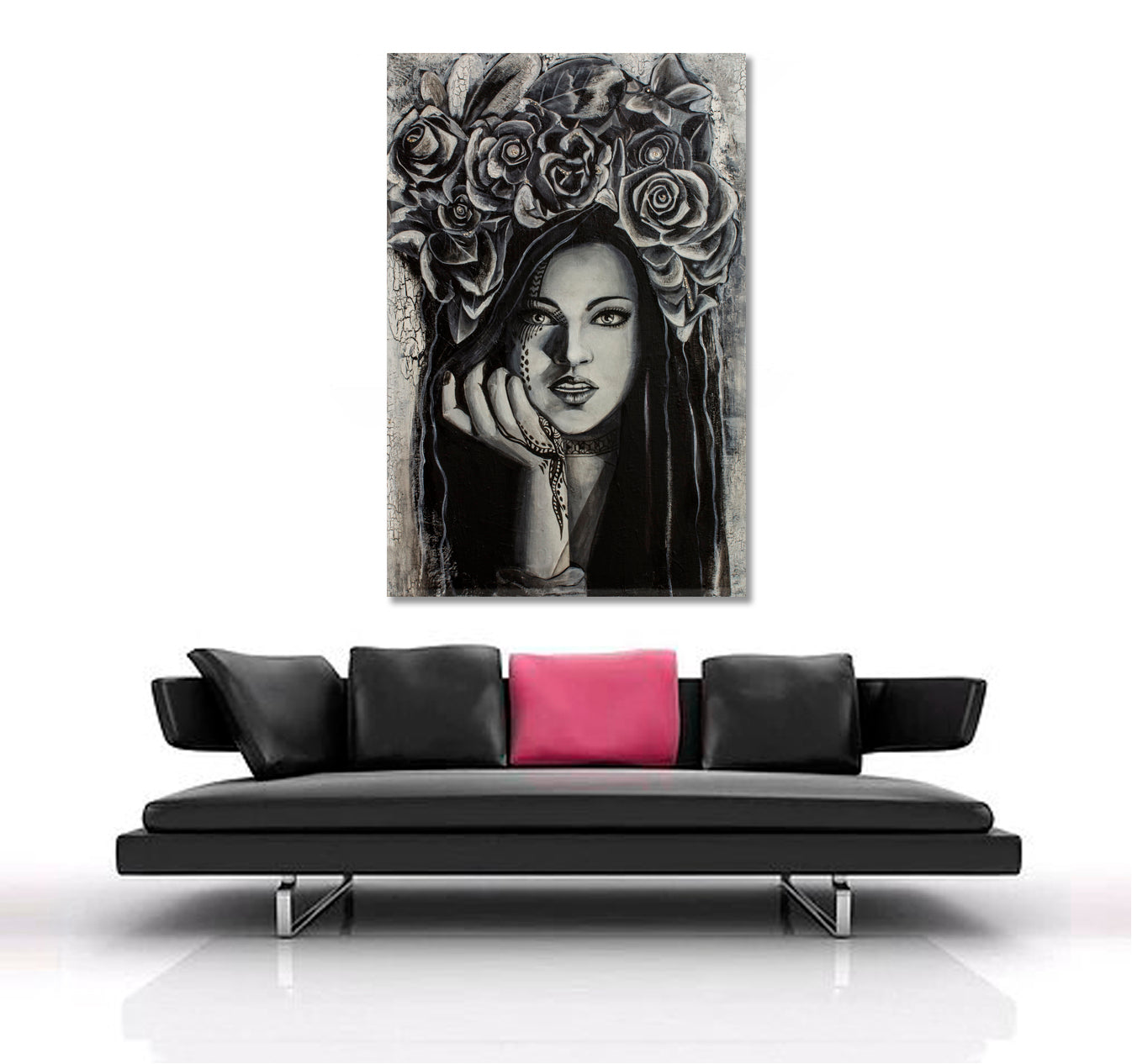 GIRL WITH CROW FLOWERS Beautiful Woman - Vertical 1 panel Black and White Wall Art Print Artesty   