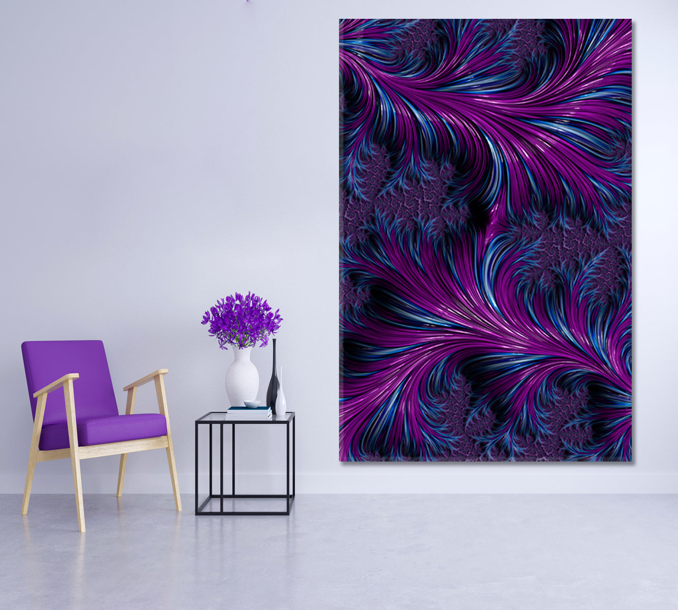 Abstract Fractal Spiral Swirls Purple Turquoise Blue Feathers Punchy Ultraviolet Canvas Print - Vertical Abstract Art Print Artesty   