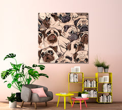 Funny Pugs Composition Sepia Art Style Humor Whimsical Animals Canvas Print - Square Panel Animals Canvas Print Artesty   