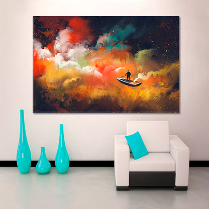 Surreal Dreamlike Man on Boat Outer Space Colorful Clouds Surreal Fantasy Large Art Print Décor Artesty   