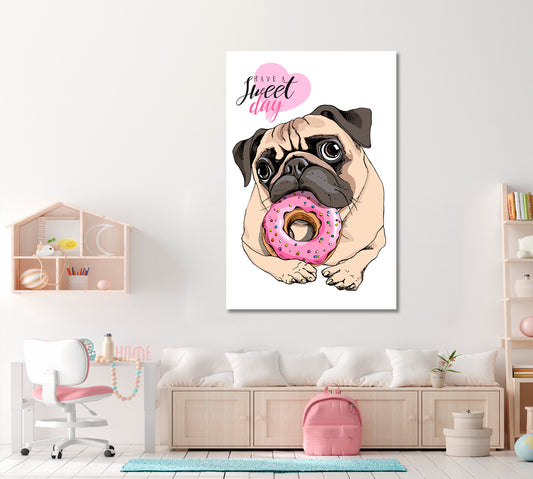 KIDS ART Adorable Cute Beige Puppy Pug Pink Donut Canvas Print | Vertical Animals Canvas Print Artesty   