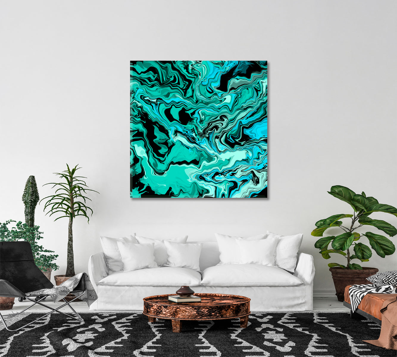 MARBLING Abstract Turquoise Black Waves Fluid Art, Oriental Marbling Canvas Print Artesty   