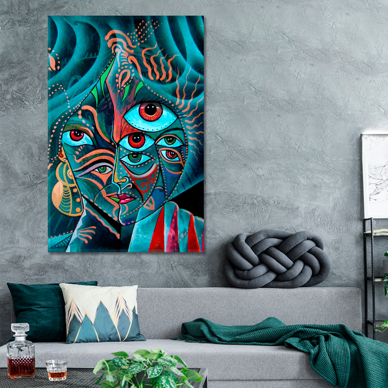 Cubism Face Fantasy Design Vivid Teal Color Cubist Trendy Large Art Print Artesty   