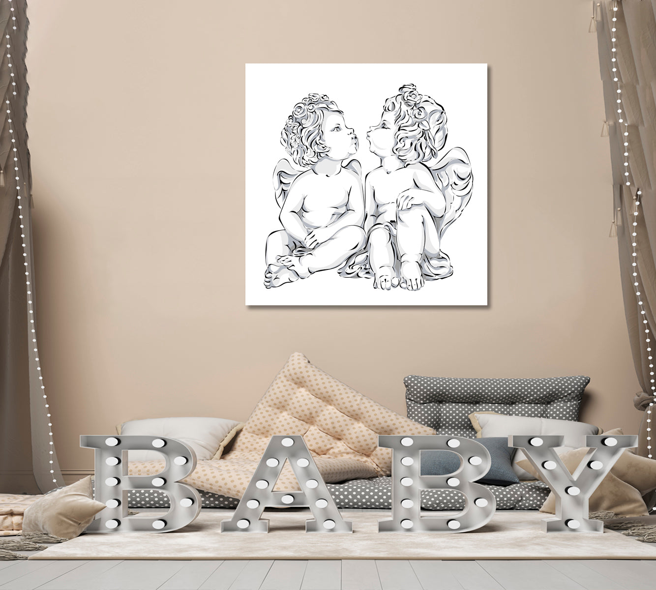 Two Little Angels Cupid Black & White Art Poster Canvas Print | Square Panel Black and White Wall Art Print Artesty   