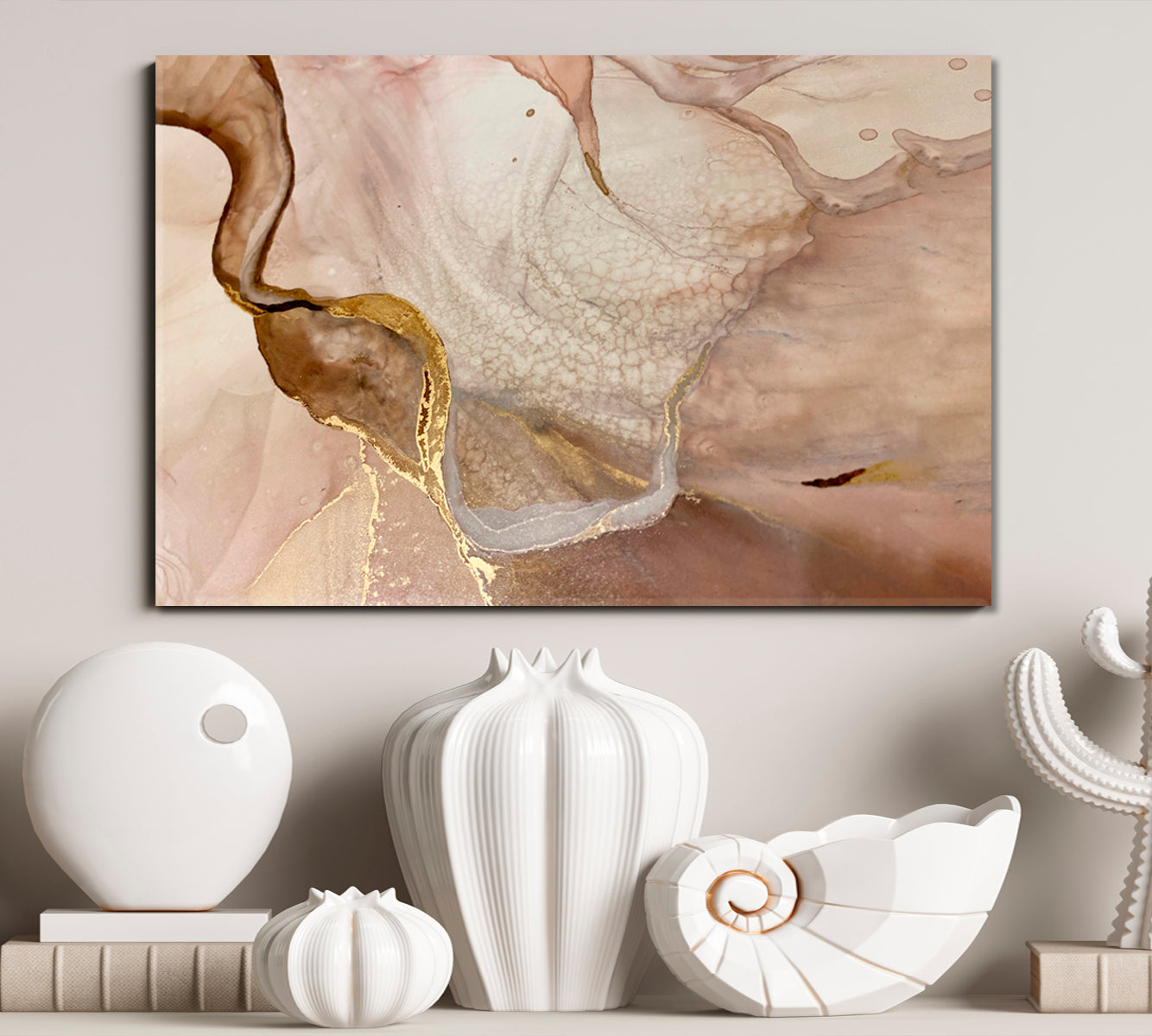 Tender Beige And Ivory Pastel Colors Golden Veins Abstract Marble Fluid Art, Oriental Marbling Canvas Print Artesty   