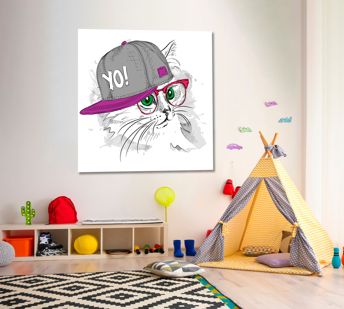 Cute Cat Hip-Hop Hat Funny Whimsical Animal KIDS ROOM CONCEPT Canvas Print | Square Panel Animals Canvas Print Artesty   