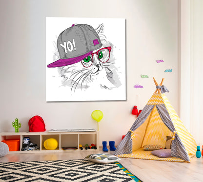 Cute Cat Hip-Hop Hat Funny Whimsical Animal KIDS ROOM CONCEPT Canvas Print | Square Panel Animals Canvas Print Artesty   