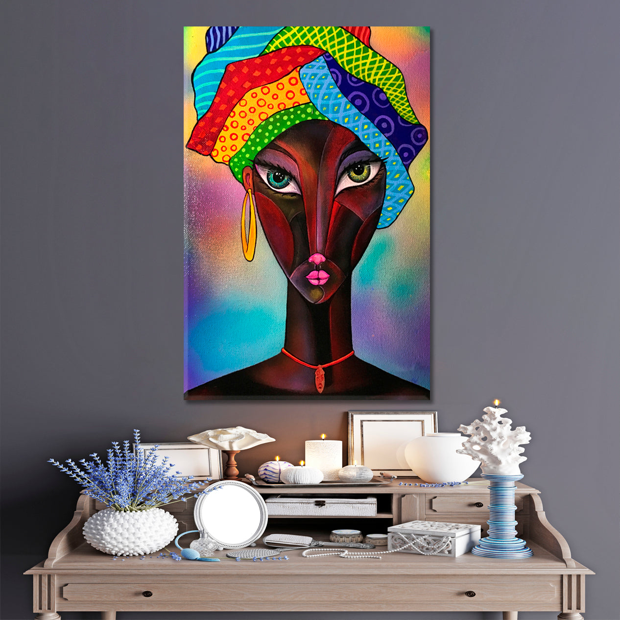 WOMAN IN TURBAN VIVID Trippy Abstract Cubism Cubist Trendy Large Art Print Artesty   