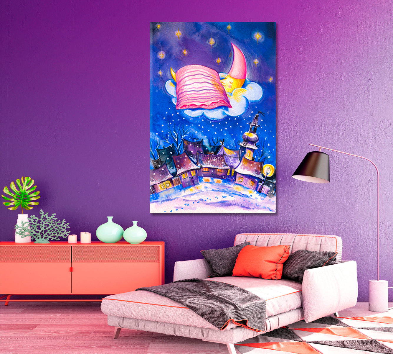 Sleeping Moon on Cloud Kids Room Concept Canvas Print | Vertical Kids Room Canvas Art Print Artesty   