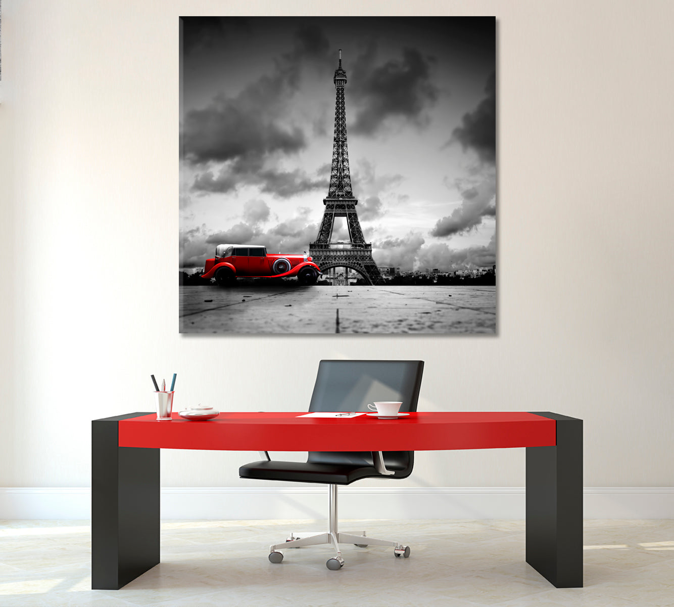 Eiffel Tower Paris France Red Retro Car Black and White Vintage Style Cities Wall Art Artesty 1 Panel 12"x12" 