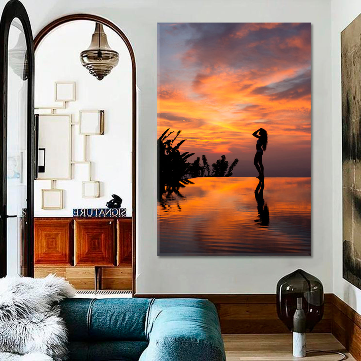 INFINITY EDGE Landscape Luxury Beach Pool Silhouette Woman at Sunset - Vertical Scenery Landscape Fine Art Print Artesty 1 Panel 16"x24" 