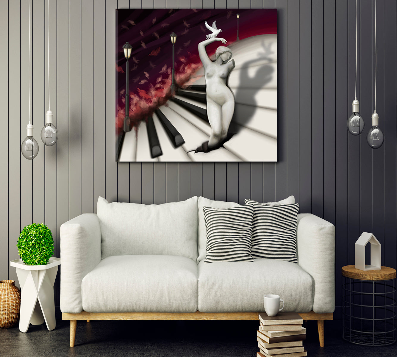 Woman Sculpture and Bird in Fantasy Piano World Abstract Artwork Music Wall Panels Artesty 1 Panel 12"x12" 