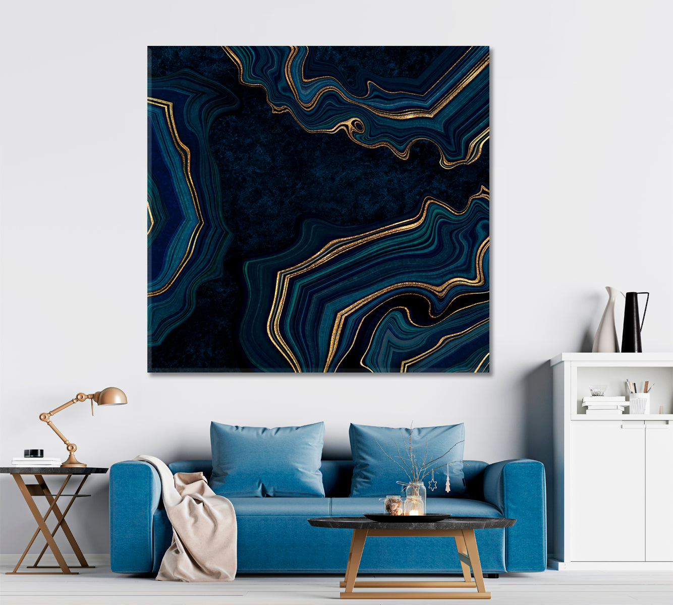 Navy Abstract Marble Stone Effect Canvas Print - Square Abstract Art Print Artesty   