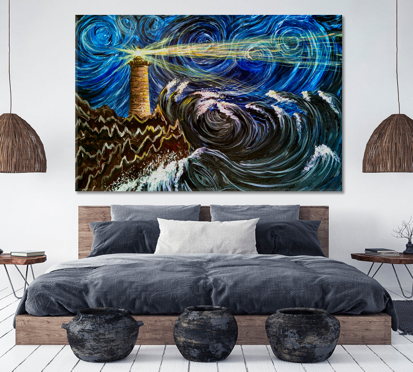 Lighthouse Sea Storm Waves Clouds Impressionism Van Gogh Style Fine Art Artesty 1 panel 24" x 16" 