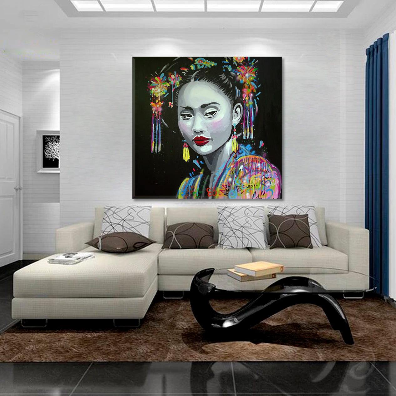 JAPANESE BEAUTY Beautiful Traditional Asian Girl Grunge Modern Style Canvas Print - Square Asian Style Canvas Print Wall Art Artesty   