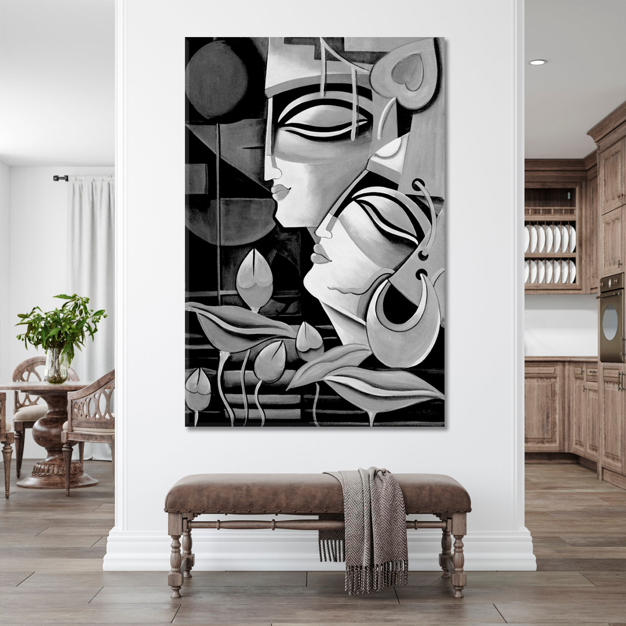 Lord Radha Krishna Modern Cubism Style Black And White Black and White Wall Art Print Artesty   