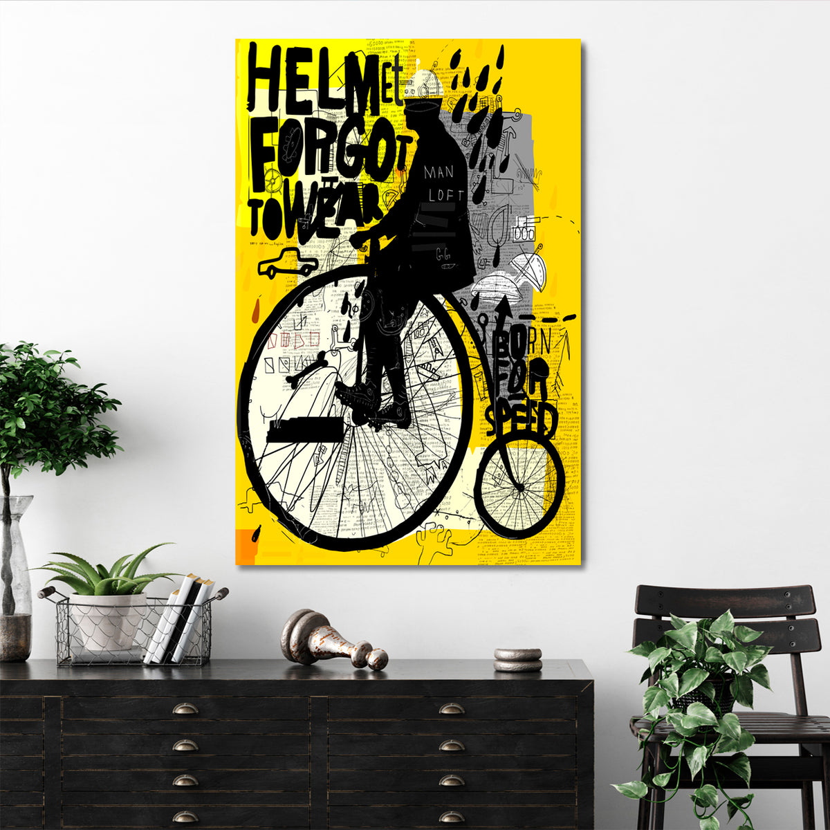 Man Riding Old Retro Bicycle Graffiti Style Yellow Poster Abstract Art Print Artesty 1 Panel 16"x24" 