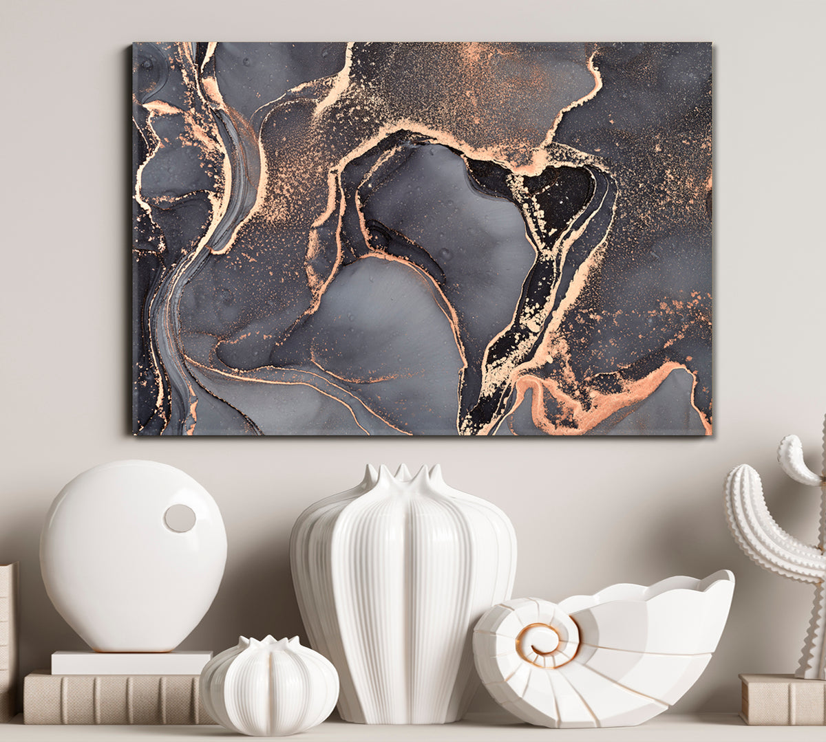 Gray Marble Natural luxurious Abstract Fluid Ink Painting Fluid Art, Oriental Marbling Canvas Print Artesty 1 panel 24" x 16" 