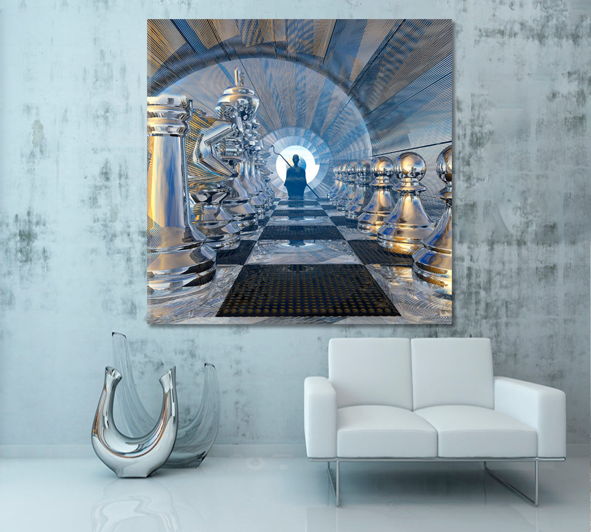 FANTASY Surreal Silent Watcher on the Chessboard Canvas Print - Square Panel Surreal Fantasy Large Art Print Décor Artesty 1 Panel 12"x12" 