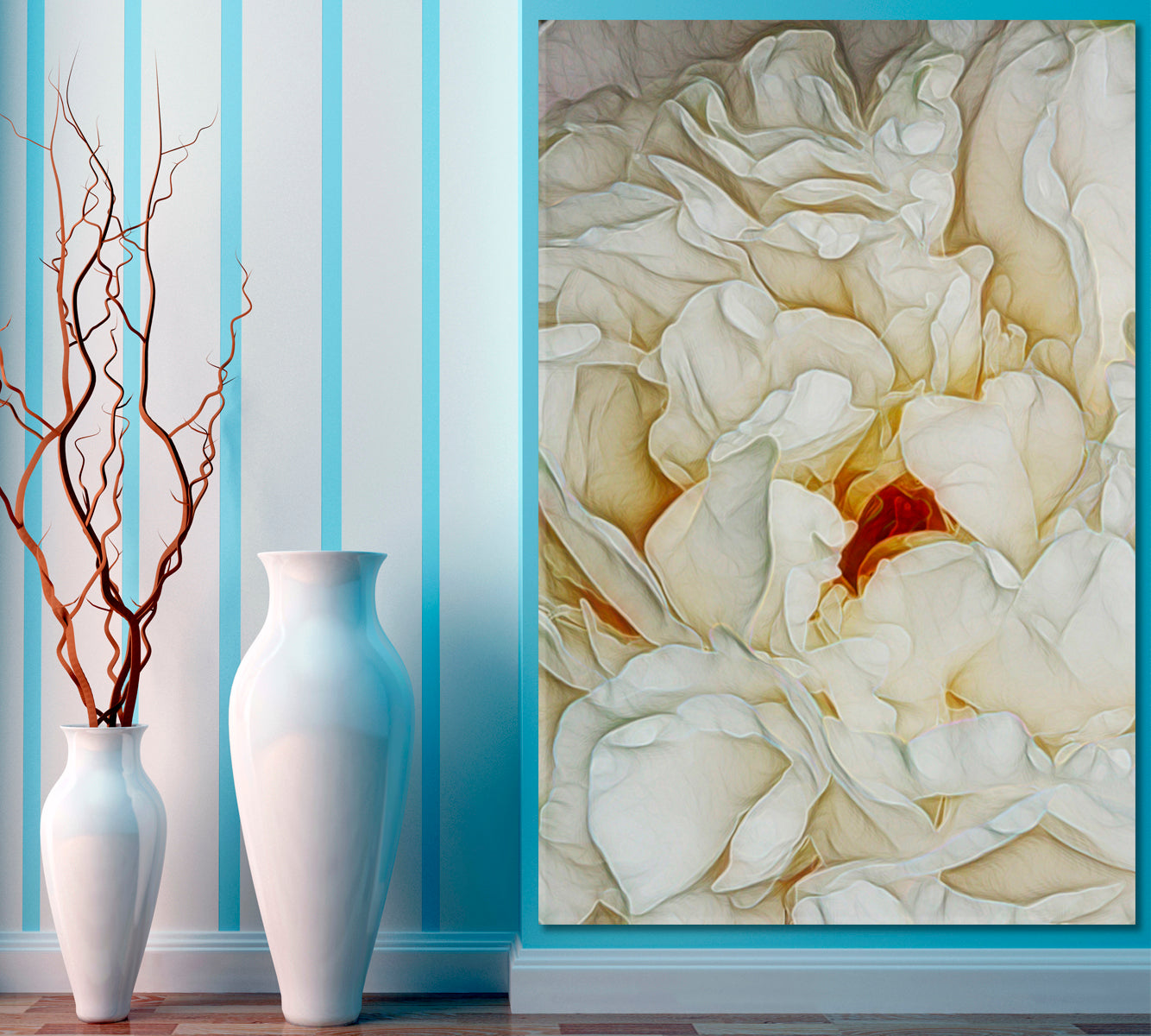 Peony Flower Petals Abstract Pattern Soft White Creamy Pastel Colors Canvas Print - Vertical Floral & Botanical Split Art Artesty   