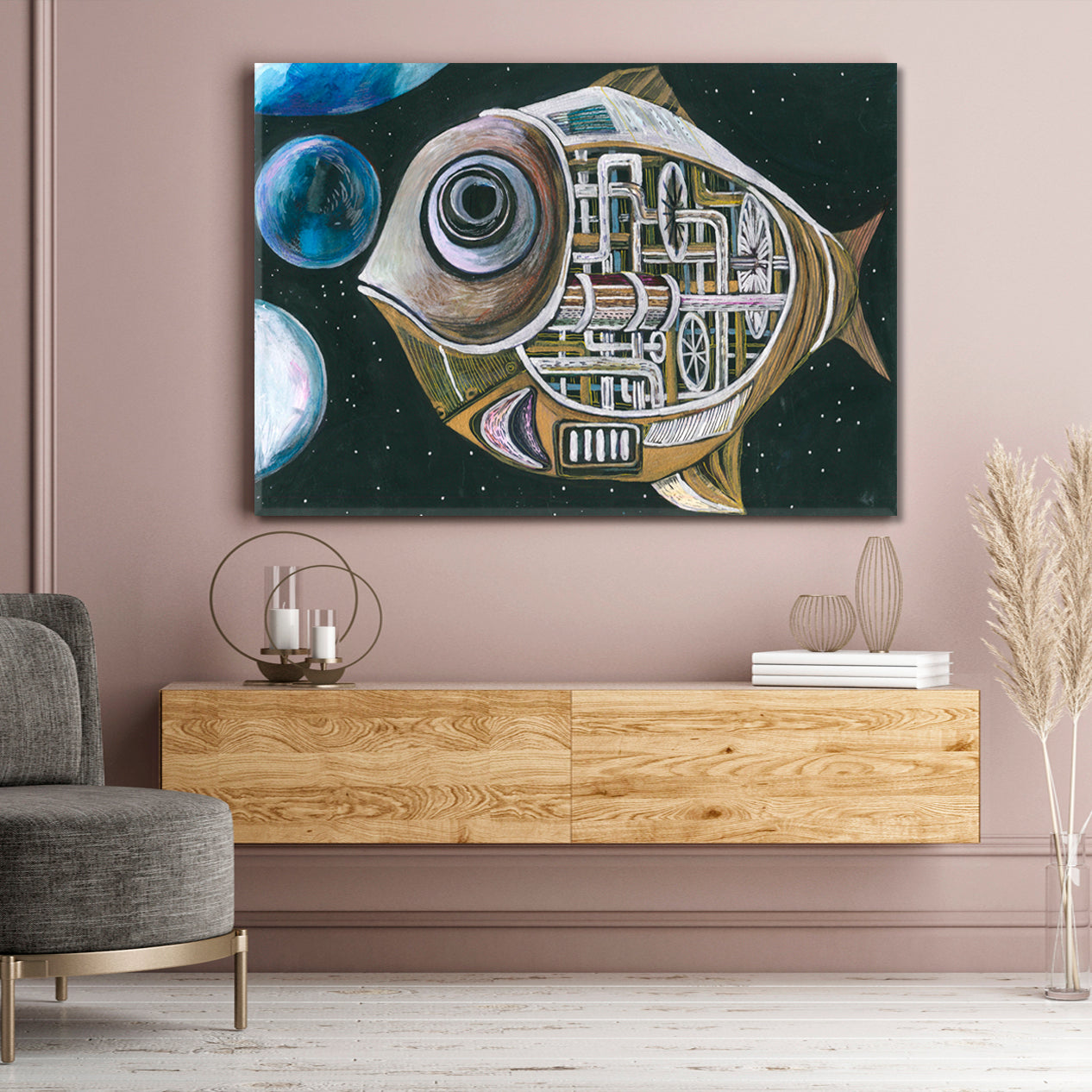 Big Space Mechanical Fish Surreal Abstract Steampunk Style Contemporary Art Artesty   