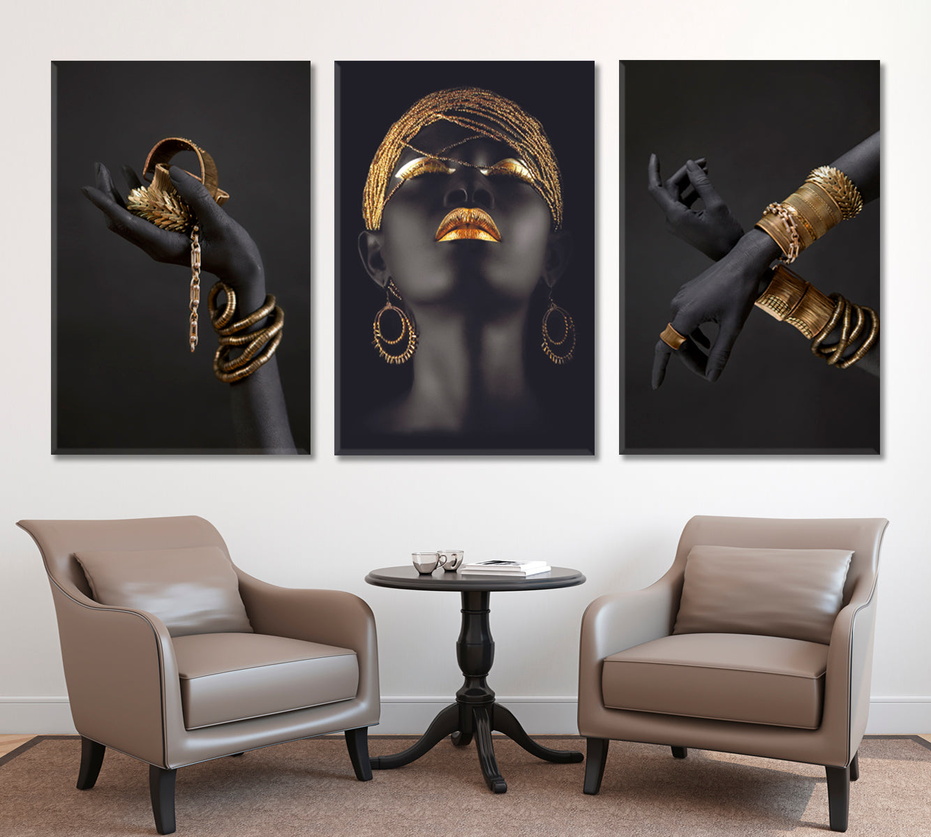 Black Woman Hand Gold High Fashion Art Luxury SET 3 Vertical Panels Abstract Art Print Artesty   