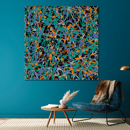 Pollock's Style Abstract Turquoise Orange Violet Colors Abstract Art Print Artesty 1 Panel 12"x12" 