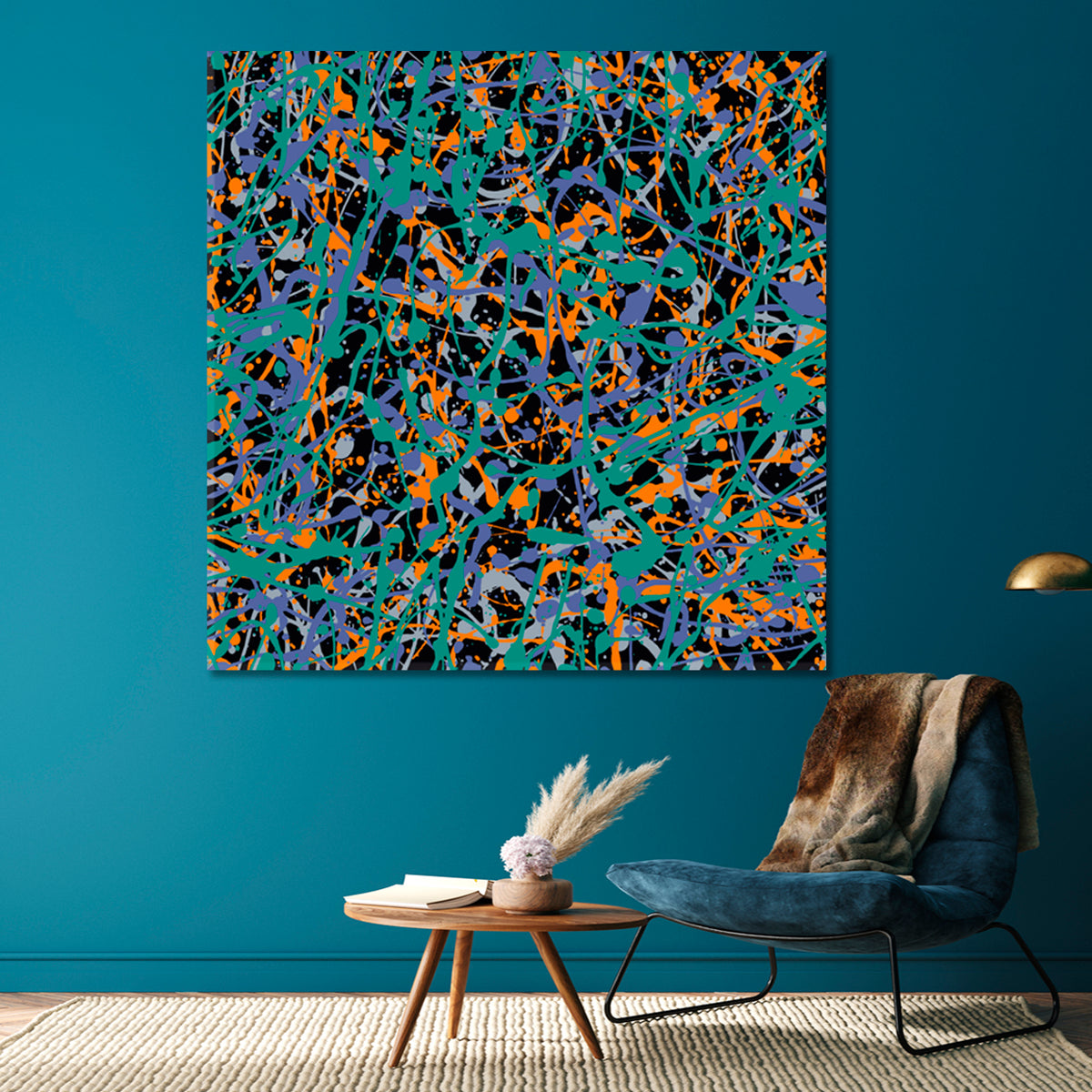 Pollock's Style Abstract Turquoise Orange Violet Colors Abstract Art Print Artesty 1 Panel 12"x12" 