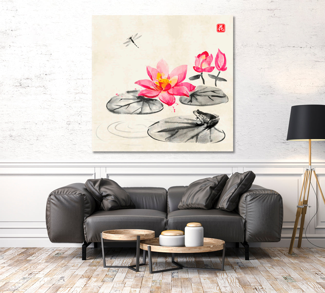 ZEN Feng Shui Shan Shui Lotus Luck To Your Home - S Asian Style Canvas Print Wall Art Artesty 1 Panel 12"x12" 