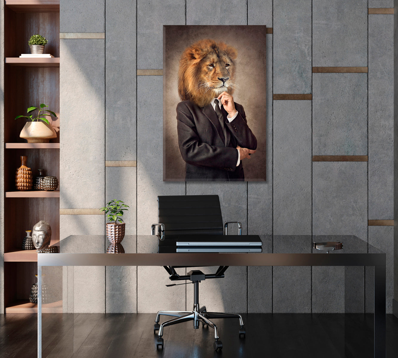 Lion in Suit Lion-headed Man Human Animals Poster Office Wall Art Canvas Print Artesty   