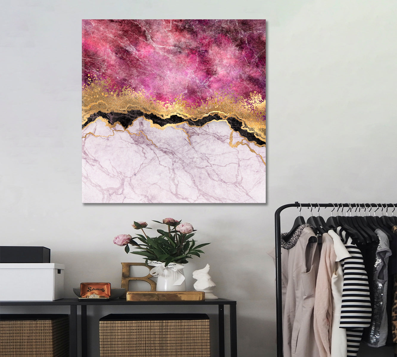 Purple Pink Fuchsia Marble Veins Stone Gold Foil Glitter Fluid Art, Oriental Marbling Canvas Print Artesty   