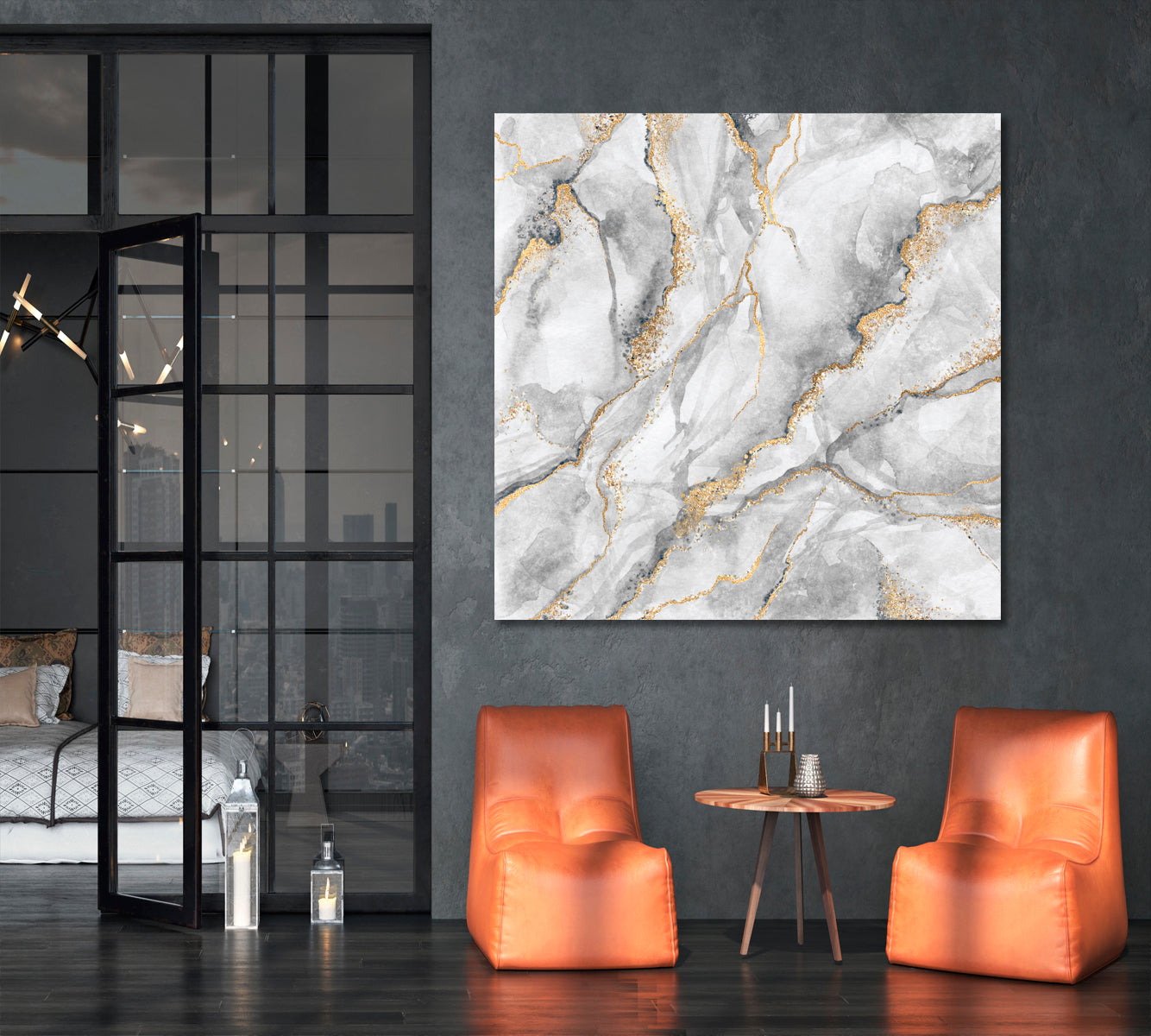 Gray & Gold Abstract Marble Canvas Print - Square Fluid Art, Oriental Marbling Canvas Print Artesty   