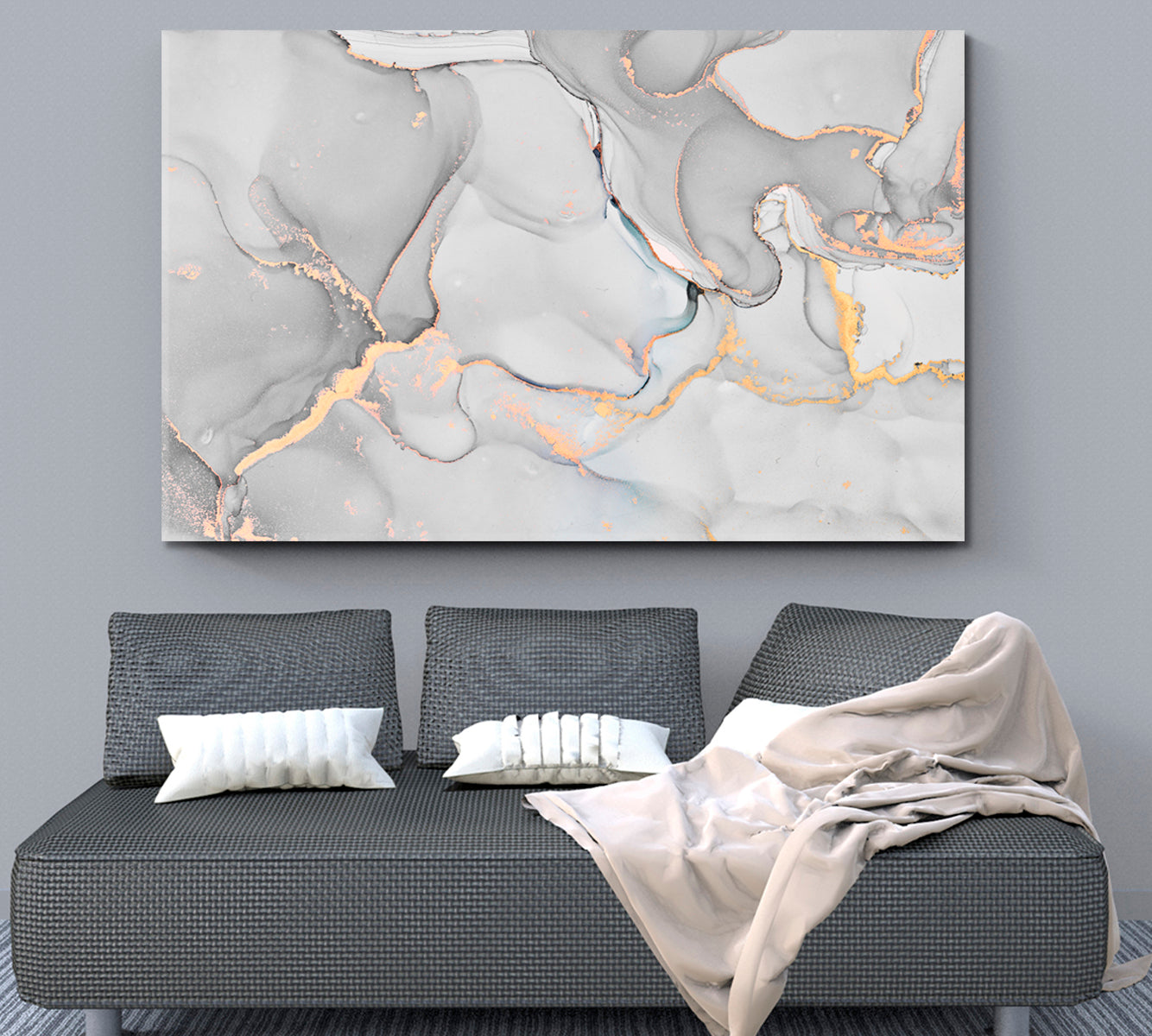 MARBLE Tender Gray White Transparent Waves Abstract Fluid Painting Fluid Art, Oriental Marbling Canvas Print Artesty 1 panel 24" x 16" 