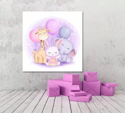 Cute Little Giraffe Rabbit and Elephant Sweet Kids Baby Nursery Art Print | Square Panel Kids Room Canvas Art Print Artesty   