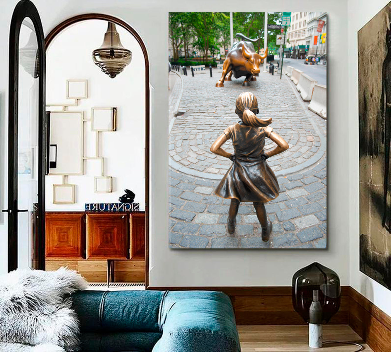 Fearless Girl Facing Charging Bull Urban Attraction USA - V Cities Wall Art Artesty 1 Panel 16"x24" 