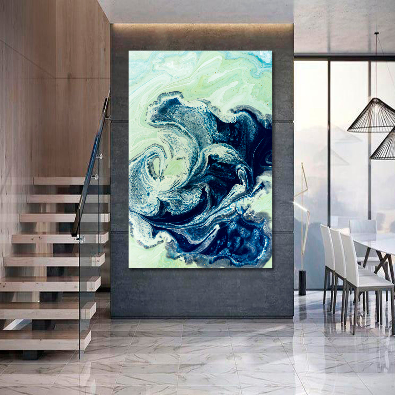 MARBLE Marbled Blue Green Abstract Liquid Pattern Fluid Oriental Style - Vertical Fluid Art, Oriental Marbling Canvas Print Artesty   