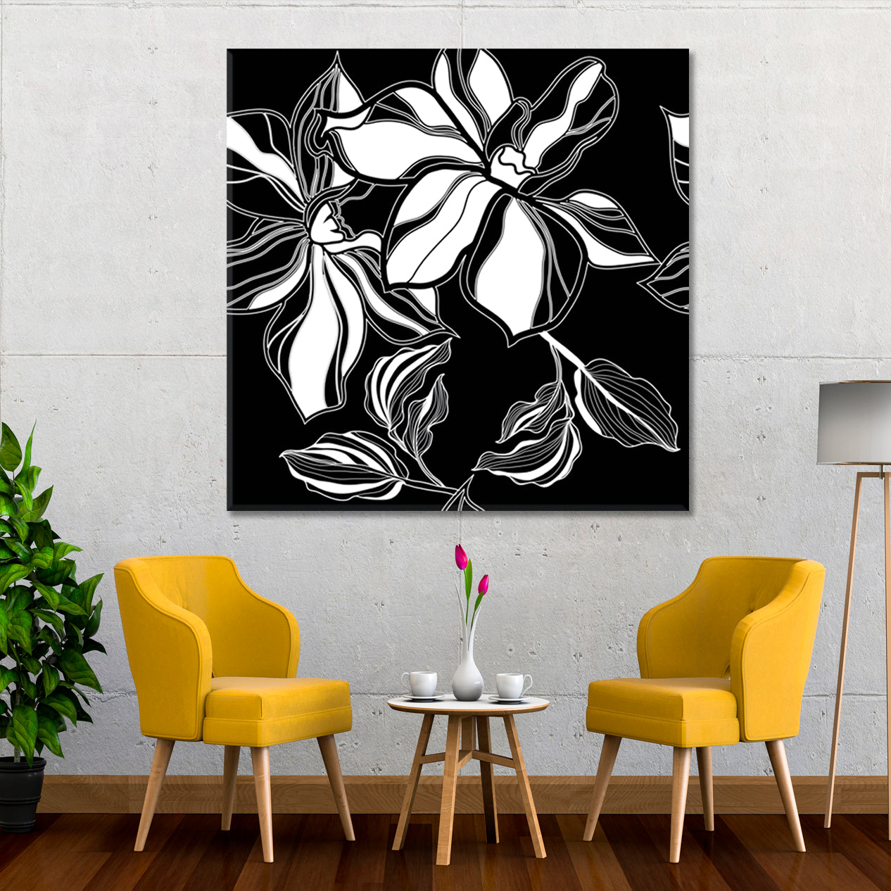 Black And White Floral Pattern Flowers Leafs Floral & Botanical Split Art Artesty   