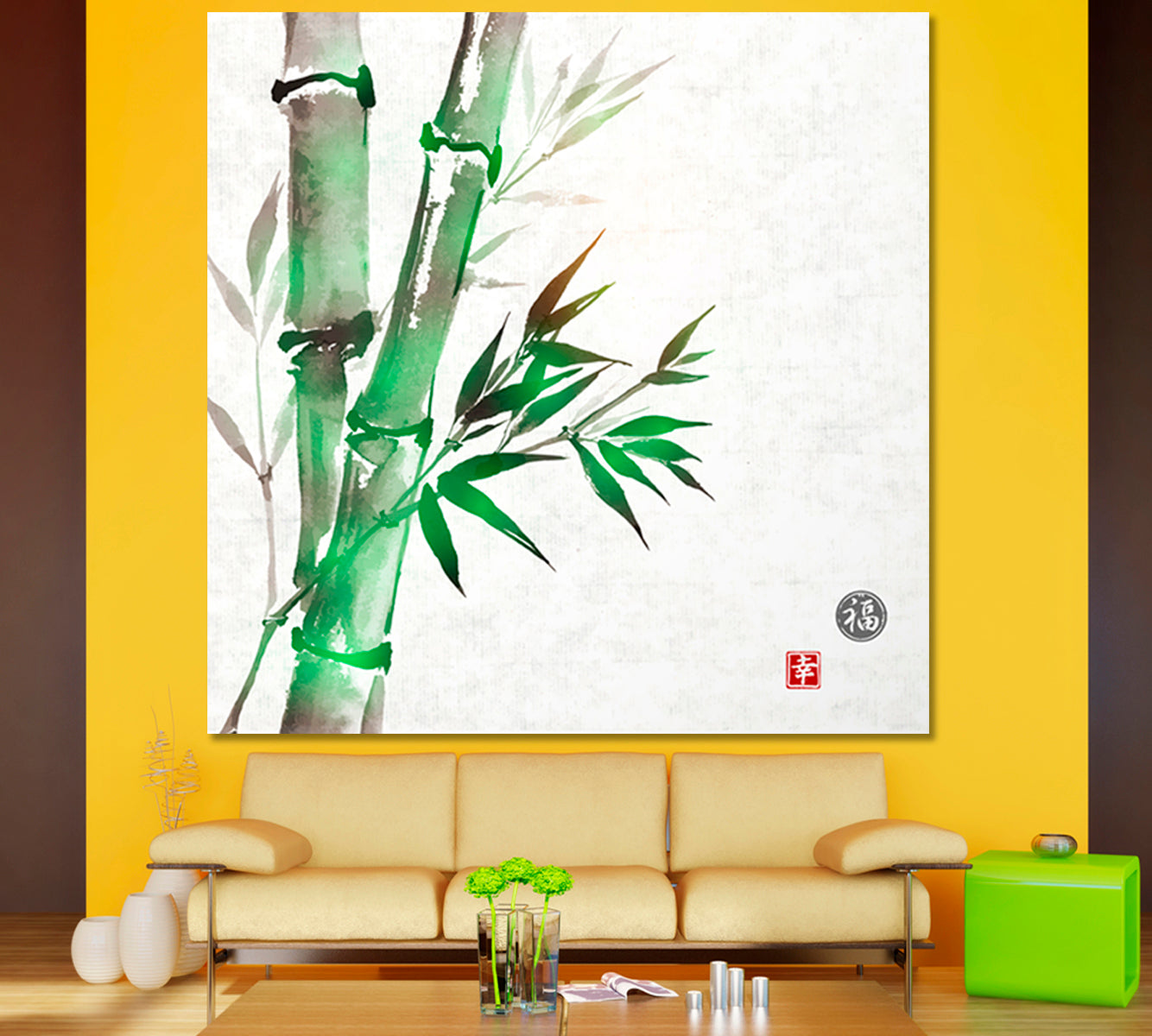 LUCK AND HAPPINESS Green Bamboo Sumi-e style ZEN Canvas Print - Square Asian Style Canvas Print Wall Art Artesty   