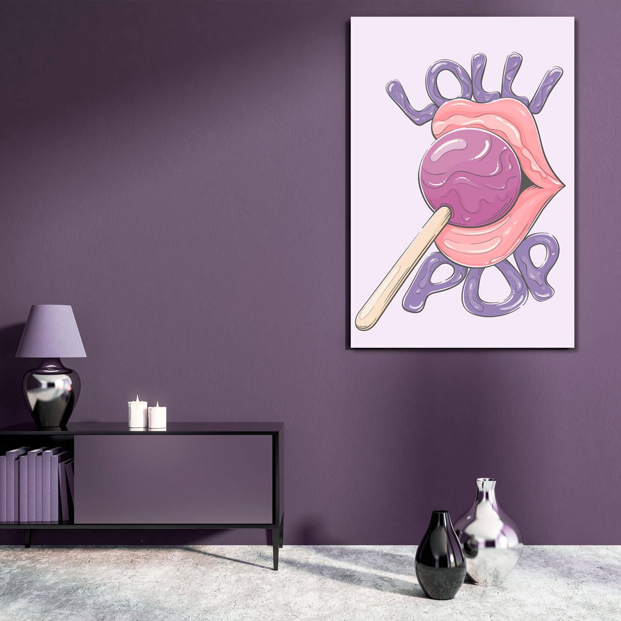 POP ART Woman's Lips Soft Purple Lilac Violet Colorful Lollipop - V Pop Art Canvas Print Artesty   