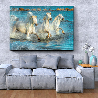 NEPTUNE'S HORSES White Galloping Horses Beach Provence Animals Canvas Print Artesty 1 panel 24" x 16" 