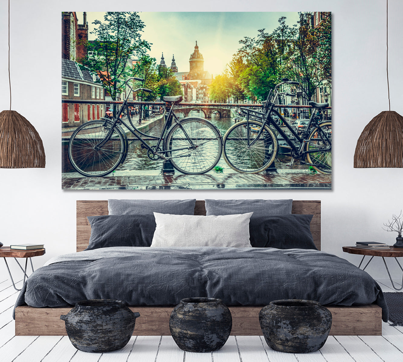 Bicycle Canal Bridge Amsterdam City Netherlands Old Streets Cities Wall Art Artesty 1 panel 24" x 16" 