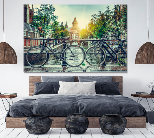 Bicycle Canal Bridge Amsterdam City Netherlands Old Streets Cities Wall Art Artesty 1 panel 24" x 16" 