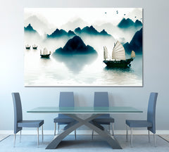 Mountains Sailboat Horizon Traditional Chinese Ink Landscape Asian Style Canvas Print Wall Art Artesty   
