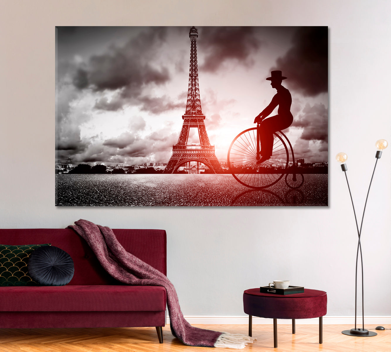 Man on a Retro Bicycle Eiffel Tower Paris France Black & White Vintage Canvas Print Vintage Affordable Canvas Print Artesty   