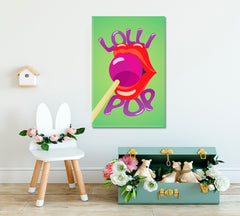 POP ART Lips & Lollipop Light Green Purple Red Colorful Poster Pop Art Canvas Print Artesty   