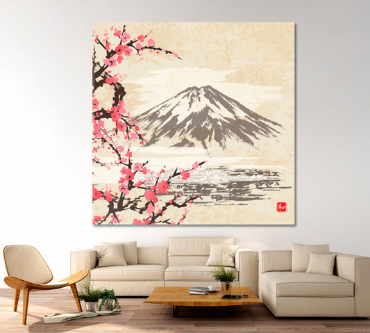 HARMONY Mountain Fuji Sakura Japanese Cherry Blossom Trees Style Oriental Canvas Print - Square Asian Style Canvas Print Wall Art Artesty