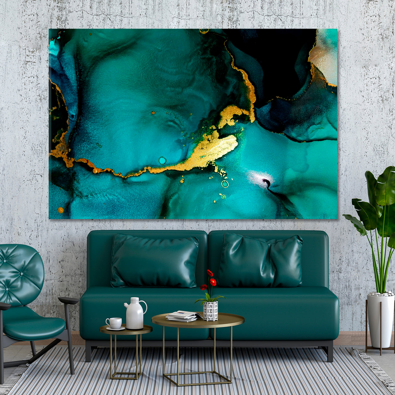 TEAL GREEN Tidewater Gold Effect Luxury Abstract Fluid Art Ink Splash Fluid Art, Oriental Marbling Canvas Print Artesty   
