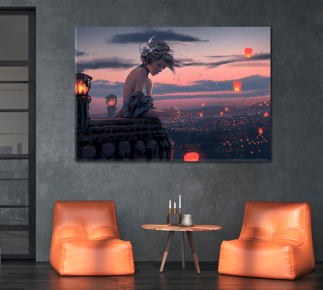 Anime Girl On Balcony Sky Lanterns Romantic Artwork TV, Cartoons Wall Art Canvas Artesty   